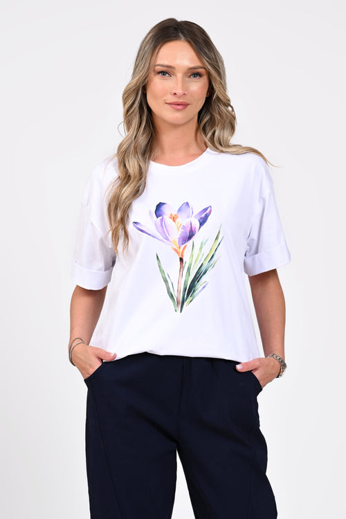 Tricou damă alb cu imprimeu floral mov – Iris Natalee