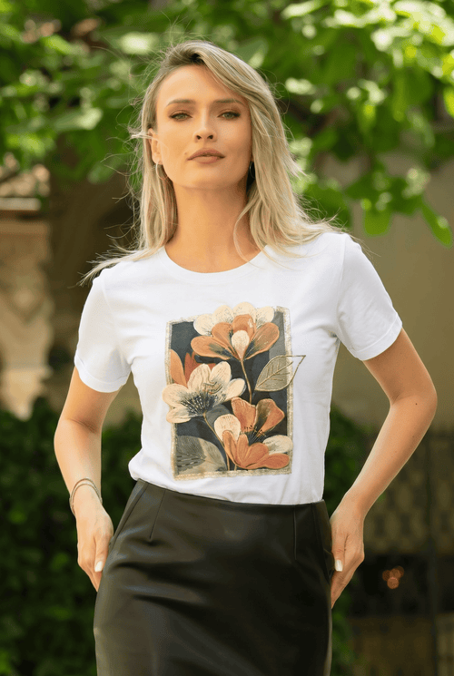 Tricou damă alb din bumbac cu imprimeu floral 3D Serena Natalee