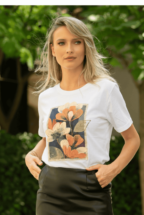 Tricou damă alb din bumbac cu imprimeu floral 3D Serena Natalee