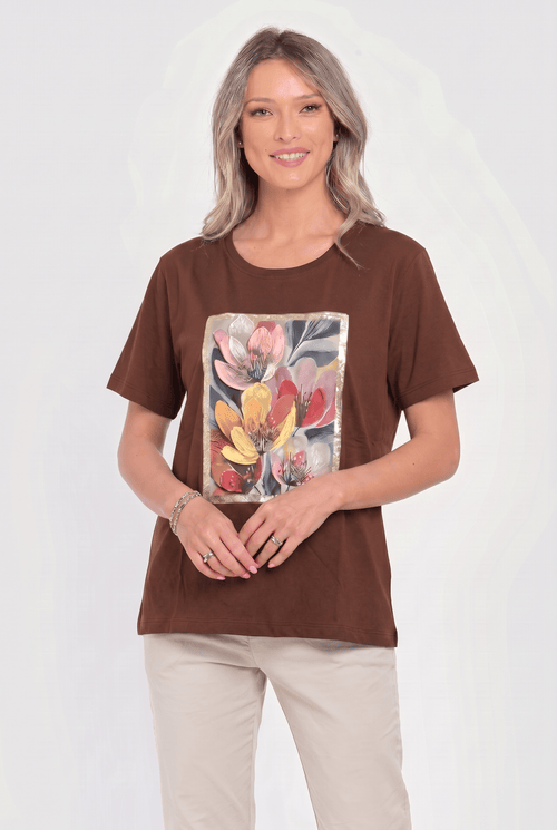 Tricou damă maro din bumbac cu imprimeu floral 3D Carmina Natalee