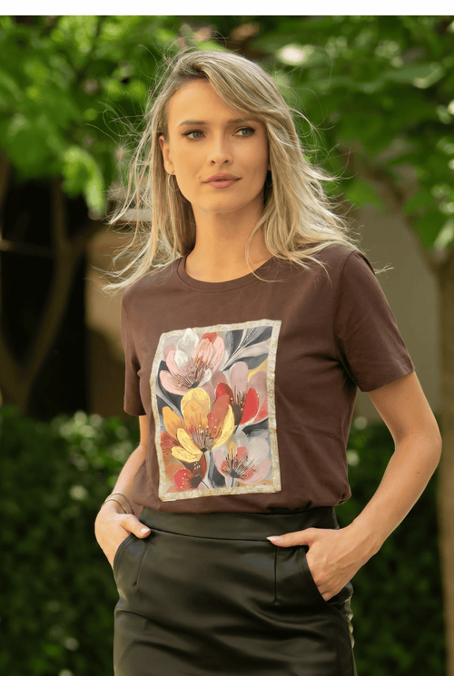 Tricou damă maro din bumbac cu imprimeu floral 3D Carmina Natalee