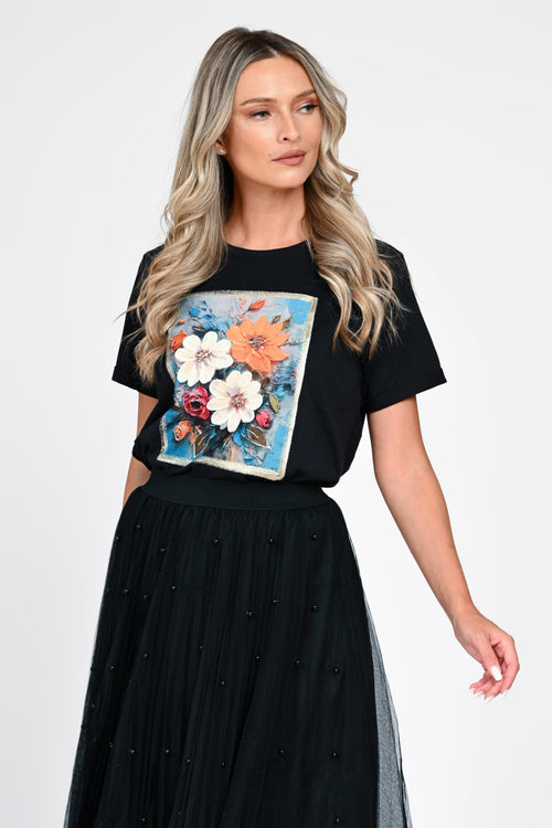 Tricou damă negru cu aplicație florală 3D Dalia Natalee