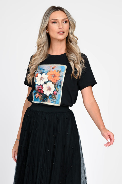Tricou damă negru cu aplicație florală 3D Dalia Natalee