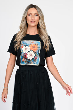 Tricou damă negru cu aplicație florală 3D Dalia Natalee