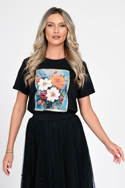 Tricou damă negru cu aplicație florală 3D Dalia Natalee