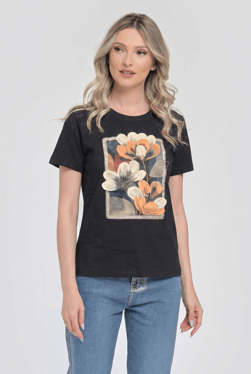 Tricou damă negru cu imprimeu floral 3D și aplicații Aurora Natalee