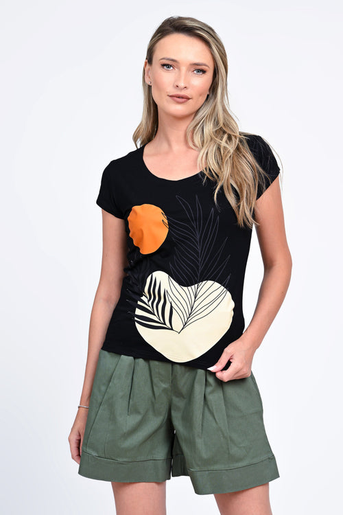 Tricou damă negru cu imprimeu tropical Luna Natalee Fashion