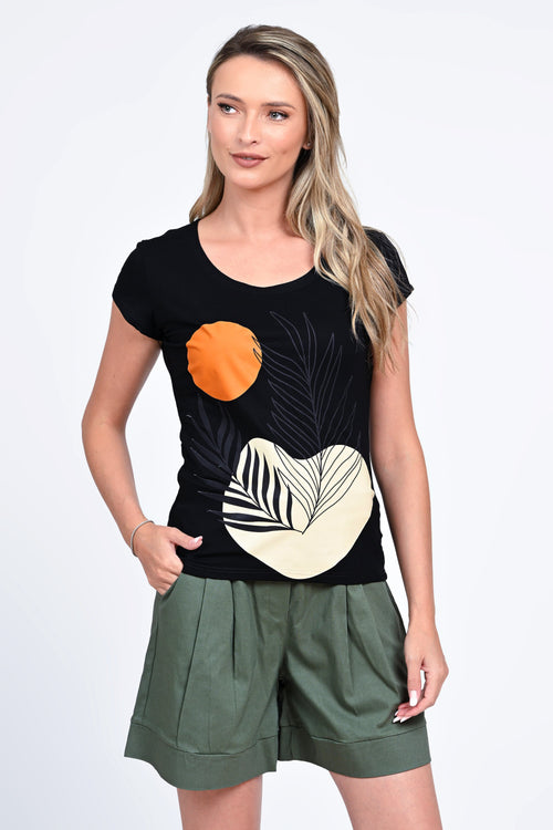 Tricou damă negru cu imprimeu tropical Luna Natalee Fashion