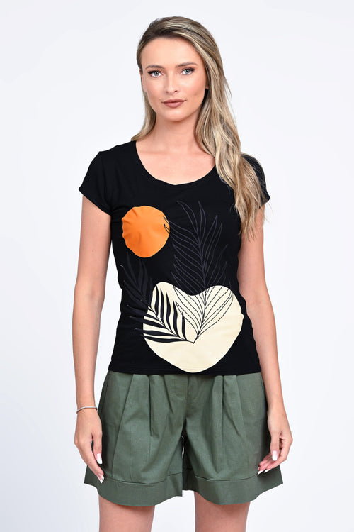 Tricou damă negru cu imprimeu tropical Luna Natalee Fashion